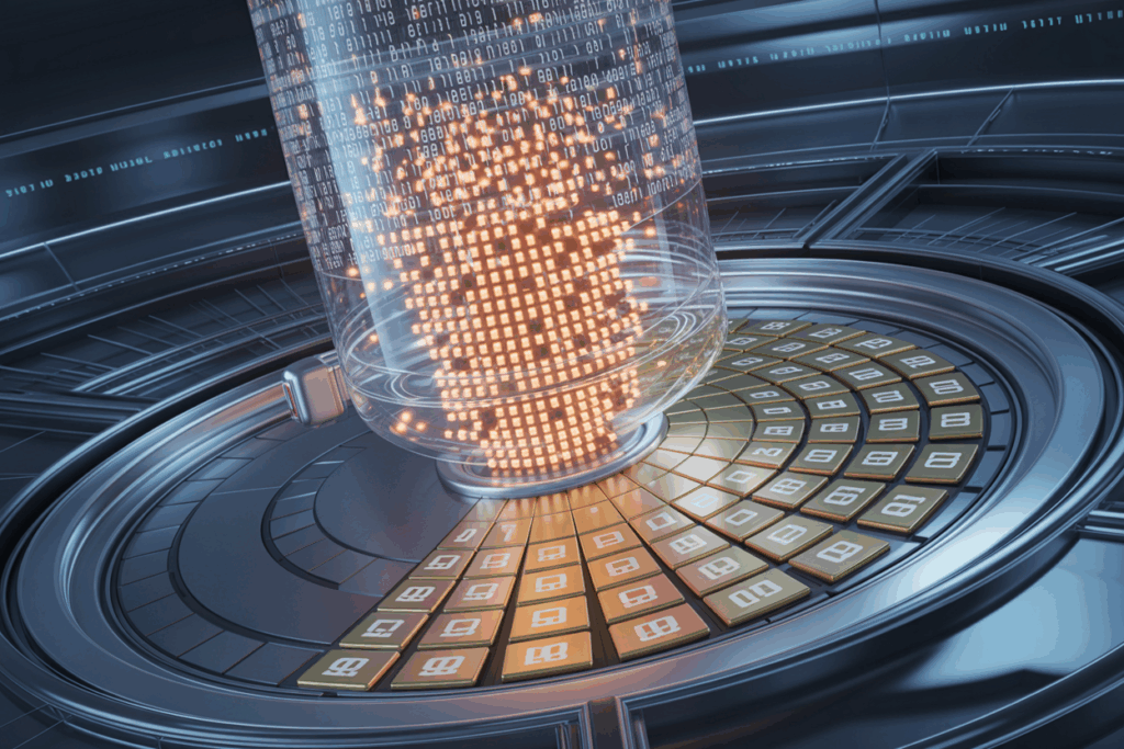 수많은 디지털 숫자 데이터가 투명한 챔버를 따라 아래로 흘러내리며 처리 장치 위에서 집약되는 미래형 데이터 흐름 이미지.