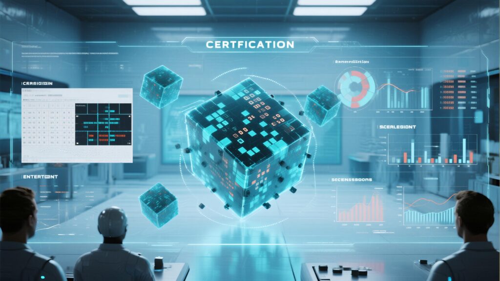 다양한 분석 패널과 함께 큐브 형태의 데이터 구조물이 인증 절차를 시각적으로 나타내는 장면.