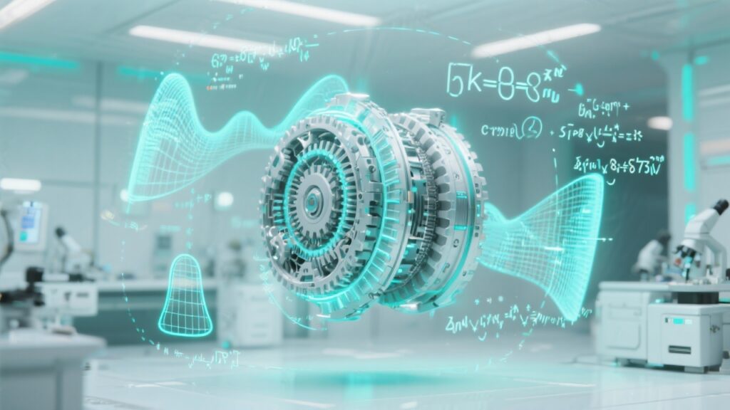 공학 연구실에서 엔진 구조와 수학 공식이 홀로그램 형태로 부유하며 분석되는 미래형 기술 이미지.