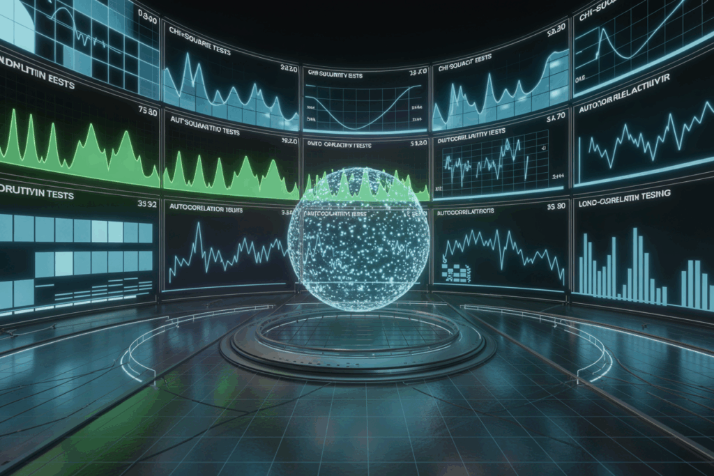 대형 모니터에 다양한 통계 그래프가 표시되고 중앙의 데이터 구체가 실시간 분석 정보를 시각화하는 장면.