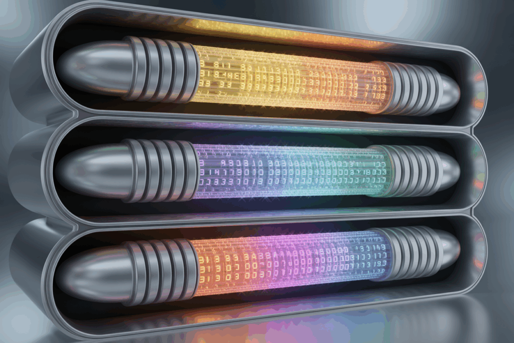 세 겹의 투명 에너지 캡슐 안에 암호화된 숫자 데이터가 빛의 색상으로 흘러가는 기술적 이미지.