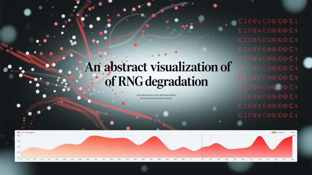 난수 생성기의 성능 저하 과정을 추상적인 선과 점 패턴으로 표현한 데이터 시각화 그래픽.