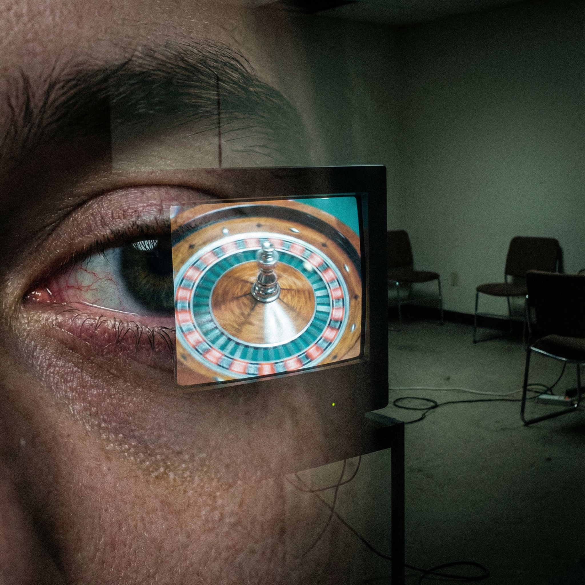 어두운 방에서 빛나는 모니터의 돌아가는 룰렛을 피로에 젖은 충혈된 눈이 응시하고 있다.