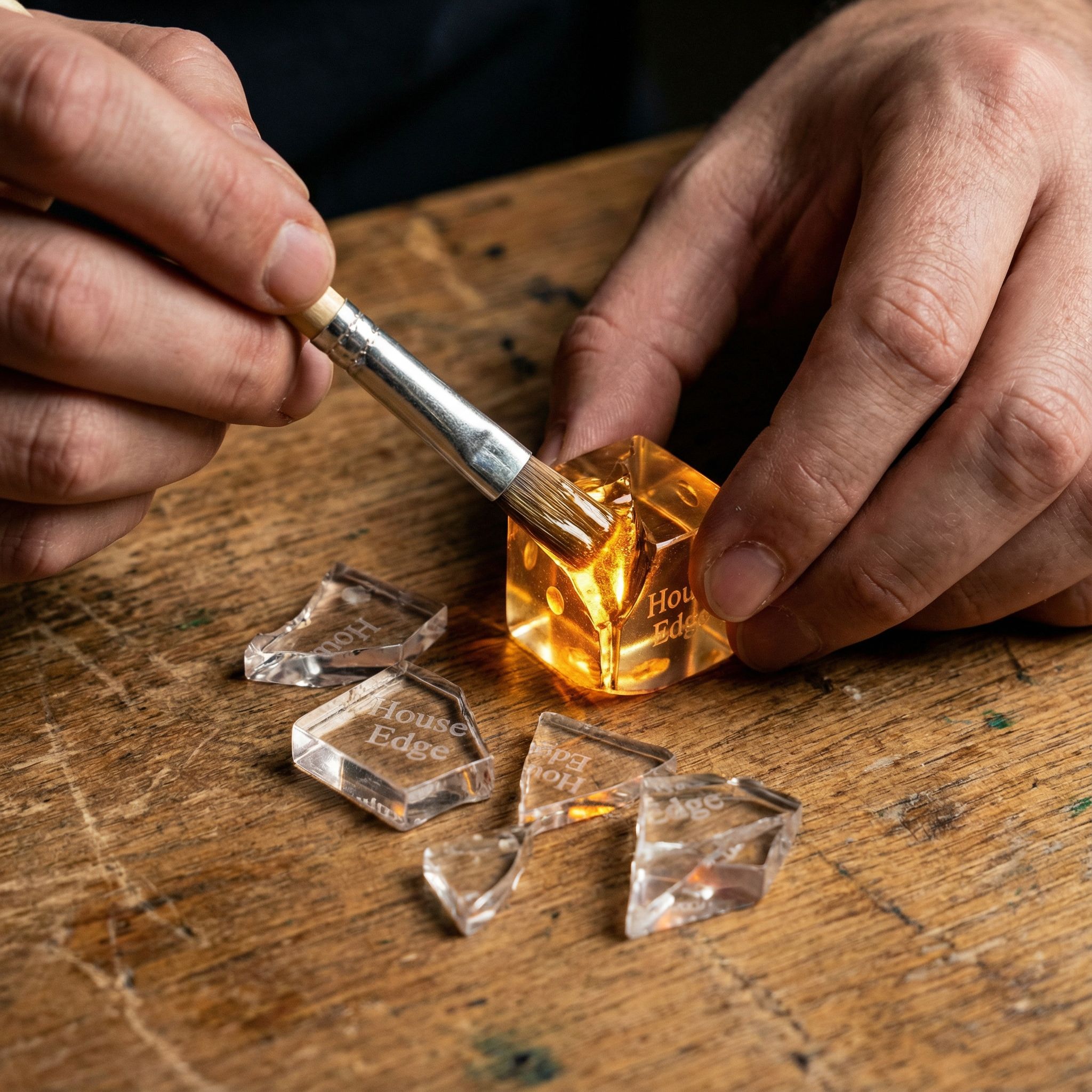 투명한 주사위가 갈라져 있고 황금빛 접착제로 조심스럽게 붙여져 신뢰 회복을 상징하는 모습이다.