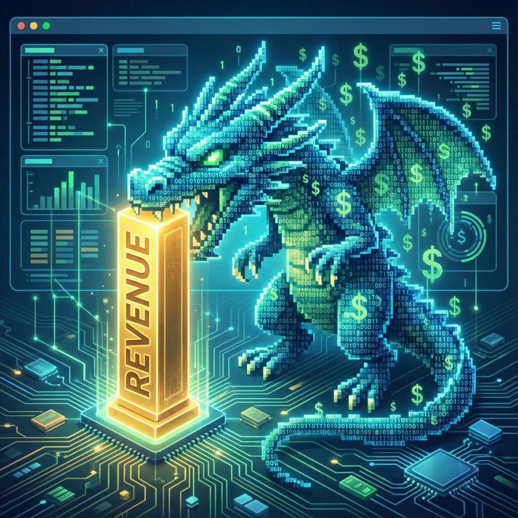 검은 배경에 녹색 코드와 달러 기호로 이루어진 디지털 괴물이 수익이라 적힌 황금 기둥을 물어뜯는 모습이다.