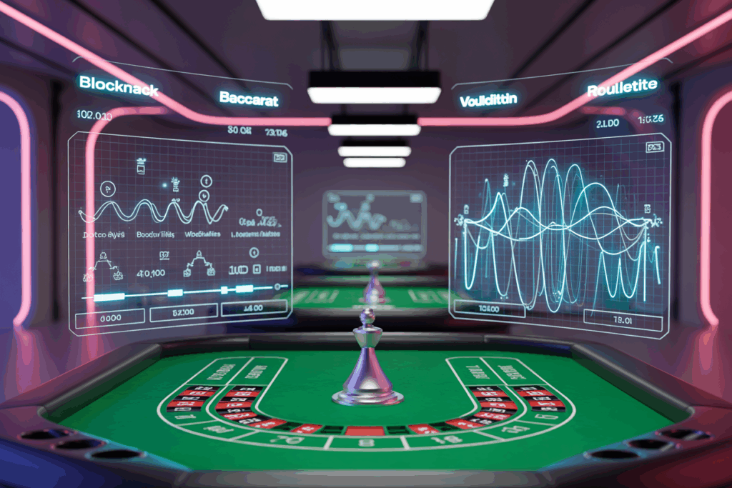 미래형 통로 양쪽에 룰렛 분석 화면이 배치되어 게임 패턴과 그래프가 실시간으로 시각화된 이미지.
